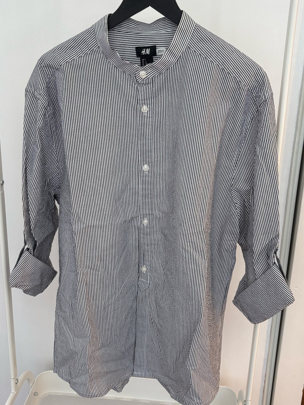 H&M | Men's Navy & White Narrow-Stripe Band Collar Shirt